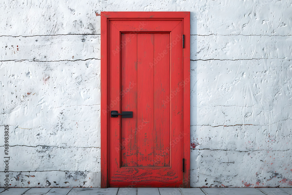 A single, vibrant red door set against a smooth, whitewashed wall, with a minimalist black handle