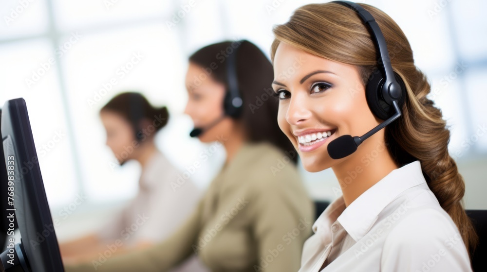 Portrait of a smiling customer agent, a female, businesswoman working in a call centre with a headset on Portrait of a smiling customer agent, a female, businesswoman working in a call centre with a headset on