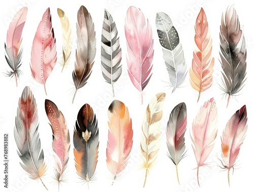 Various colored feathers are scattered on a white surface, creating a vibrant and diverse display of avian plumage