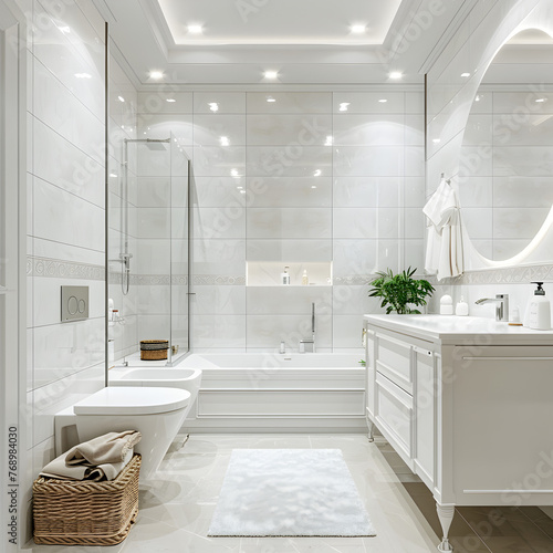 A minimalist bathroom with a sleek bathroom vanity. 3d render.