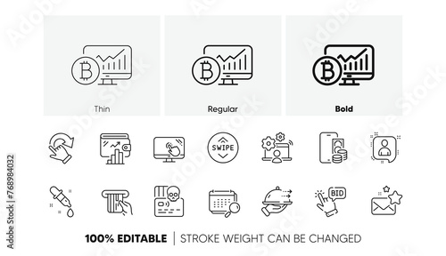 Favorite mail, Calendar and Phone pay line icons. Pack of Cyber attack, Credit card, Rotation gesture icon. Food delivery, Chemistry pipette, Touch screen pictogram. Bitcoin chart. Line icons. Vector