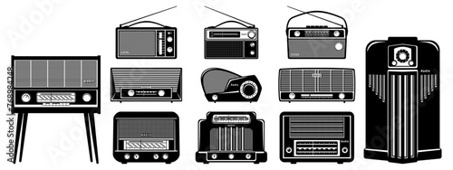 Vintage Radio Receivers. Stationary and portable. Collection of black and white vector cliparts isolated on white.