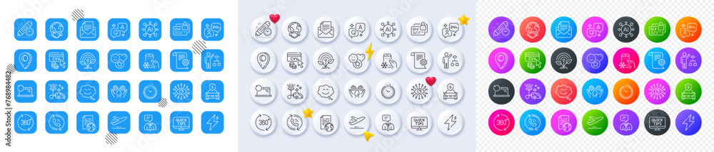 Incubator, Recovery laptop and Project deadline line icons. Square, Gradient, Pin 3d buttons. AI, QA and map pin icons. Pack of Smile, Internet document, Mail correspondence icon. Vector - obrazy, fototapety, plakaty 