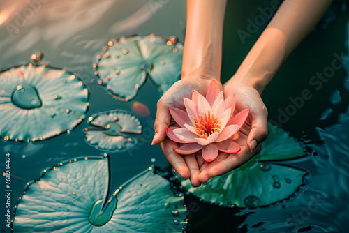 woman's hands holding water Lilly or lotus flower. Vesak day, Buddhist lent day, Buddha Purnima and birthday worshiping concept