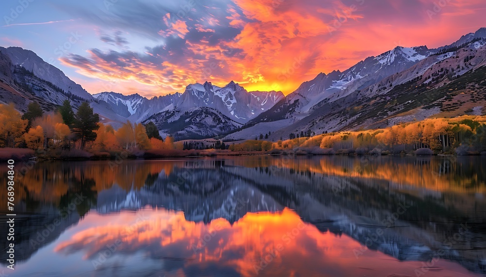 Autumn Mountain Lake Sunset with Vibrant Colors and Serene Reflections