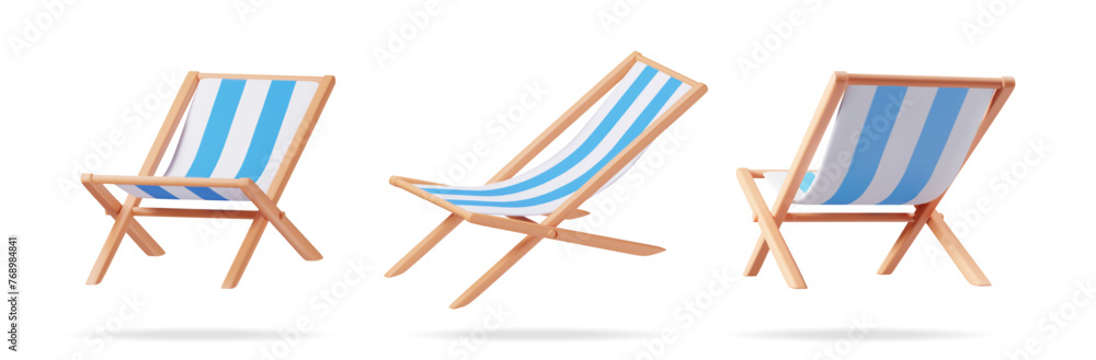 3D Set of Wooden Chaise Lounge Isolated. Render Collection of Sun Lounger, Deckchair, Sunbed, Beach Chair. Wood Striped Deck for Sunbathing on Vacation. Vector Illustration