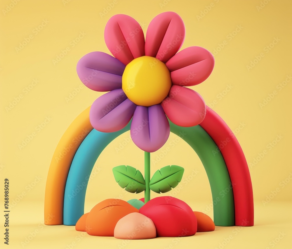 Colorful 3D model of a flower and rainbow on a yellow background. Colorful 3D model of a flower and rainbow on a yellow background.