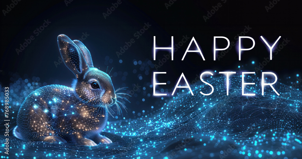 Fototapeta premium Polygonal rabbit illustration. Cute cyber Easter bunny. Futuristic digital Easter card