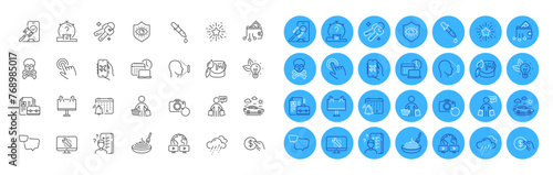 Buyer, Vip shopping and Quiz line icons pack. Video conference, Vacancy, Eco energy web icon. Road banner, Chemistry pipette, Digital wallet pictogram. Rainy weather, Chemical hazard. Vector