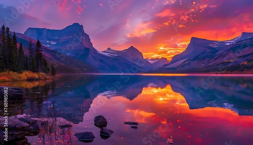 Vibrant sunset over the majestic mountain lake landscape with