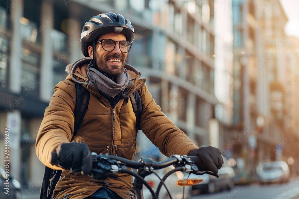 Urban Man Riding Bike in Front of Tall Building Urban Man Riding Bike in Front of Tall Building