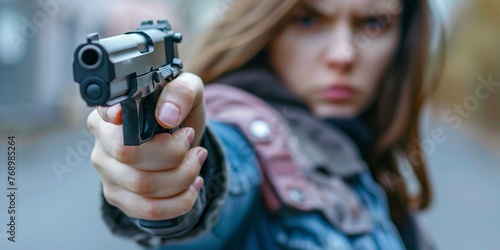 Woman Pointing Gun at Camera photo