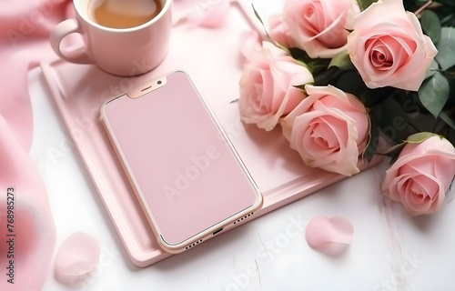 beautiful rose flowers and phone on light wooden table for freel