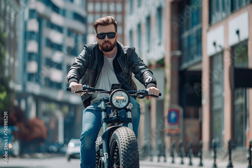 Urban Man Riding Bike in Front of Tall Building