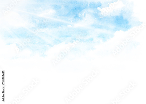 Blue sky with morning sun. Watercolor illustration, hand drawn background