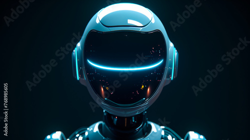 free space on the left corner for title banner with The robot has a round head, front view ::1 , the head is also looking straight ahead, the head-to-body ratio is 2:1, toonami style, dark cyan and si photo