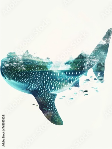 A large whale gracefully swims in the clear blue ocean water, its massive body gliding effortlessly through the waves