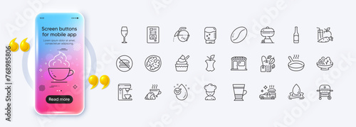 Coffee maker, Organic waste and Coffee cup line icons for web app. Phone mockup gradient screen. Pack of Mint bag, Water drop, Grill pictogram icons. Water splash, Wineglass, Salad signs. Vector
