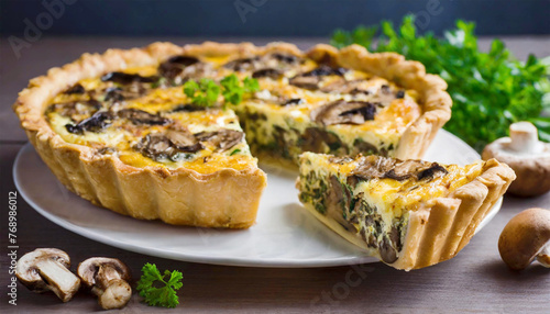 Mushroom and cheese quiche on a plate.