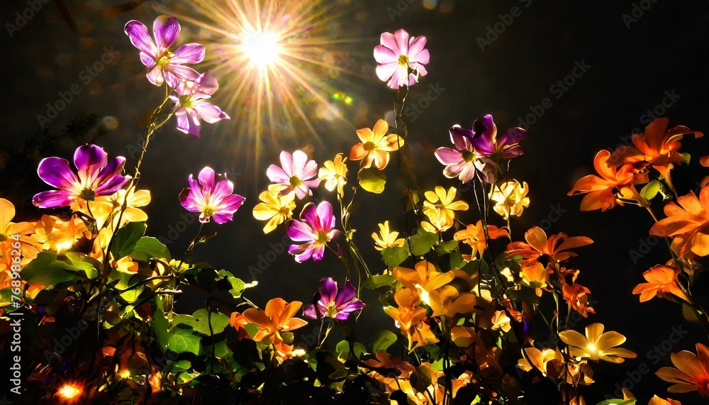 Obraz premium flowers in the light,In this magical moment, time seems to stand still as nature's beauty is revealed in all its splendor. The flowers, bathed in the soft, golden light of the sun, 