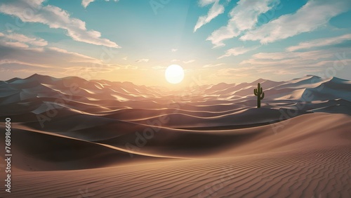 A realistic depiction of a desert landscape, with vast sand dunes