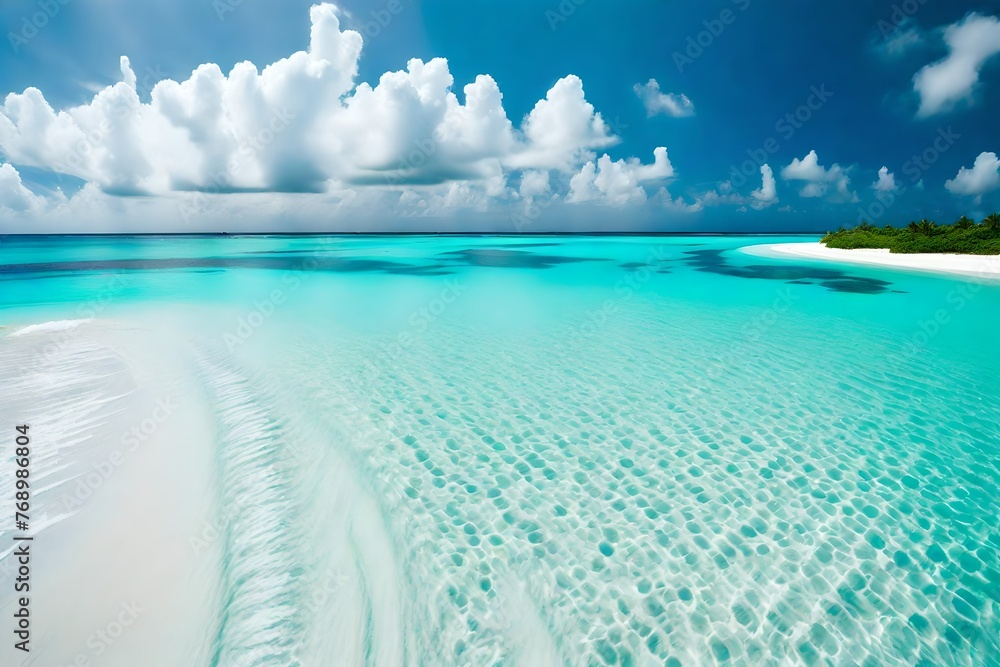 Beautiful sandy beach with white sand and rolling calm wave of turquoise ocean on Sunny day on background.