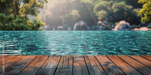 Elegant product display on aged timber with a backdrop of a tranquil azure pool