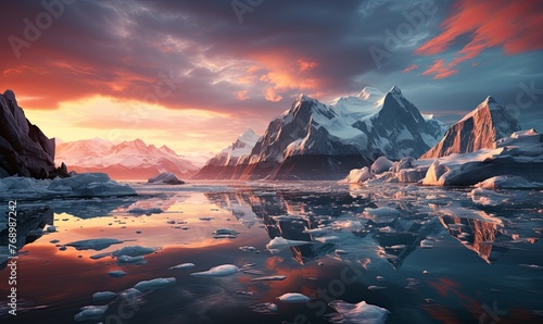 Majestic Mountains and Icebergs With Sunset © uhdenis