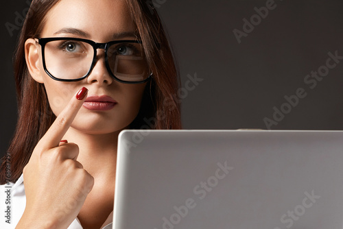beautiful Business woman in glasses. Student girl with laptop