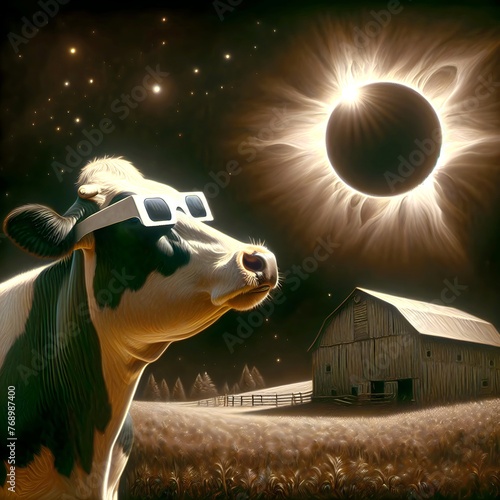 A whimsical depiction of a cow wearing protective sunglasses while watching a total solar eclipse