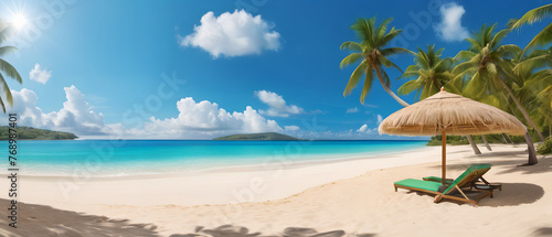 Panorama beautiful beach with white sand  turquoise ocean and blue sky with clouds on Sunny day. Summer tropical landscape with green palm trees and Straw umbrellas with empty copy