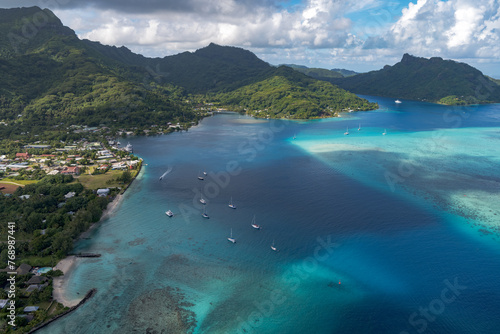 aerial view of huahine lagoon