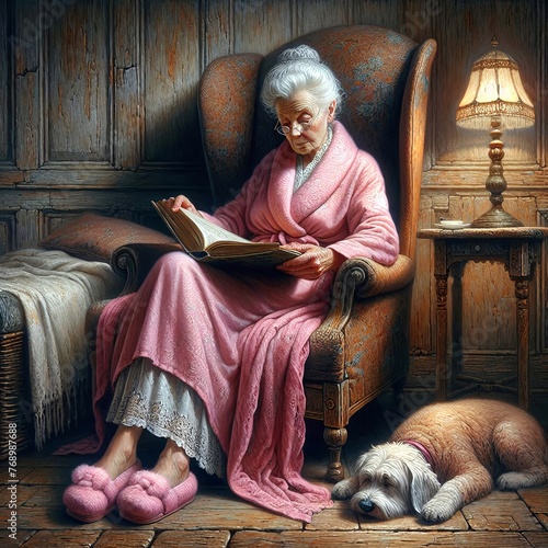 An elderly woman is reading a book while sitting in an upholstered armchair by a table lamp with her sleeping dog