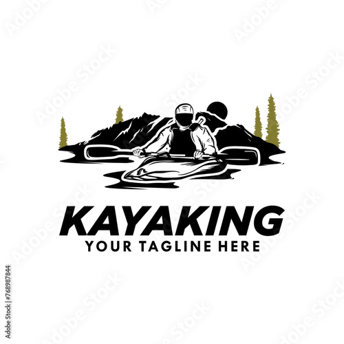 kayak sport with mountain silhouette logo design