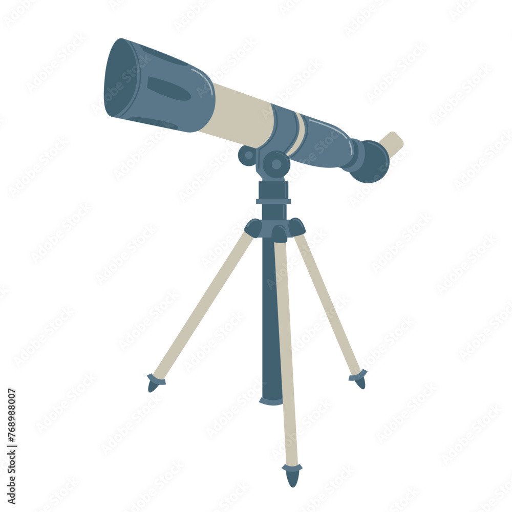 Fototapeta premium Modern portable three legged telescopes isolated astronomer equipment cartoon icon. Vector optical device to explore, discover galaxy, cosmos, space. Telescope on tripod stand, educational tool.