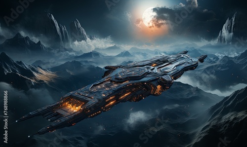Spaceship Soaring Above Cloudy Sky and Mountains
