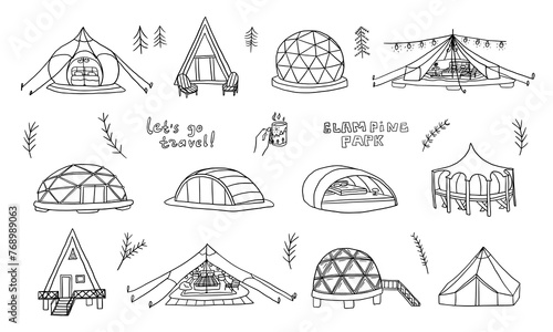 Set of glamour camping in doodle style. Capsule rooms in the mountains, wigwams, glass yurts, bubble rooms. Glamping elements. Luxury Campsites. Travel design. Camping Tents. Hand drawn