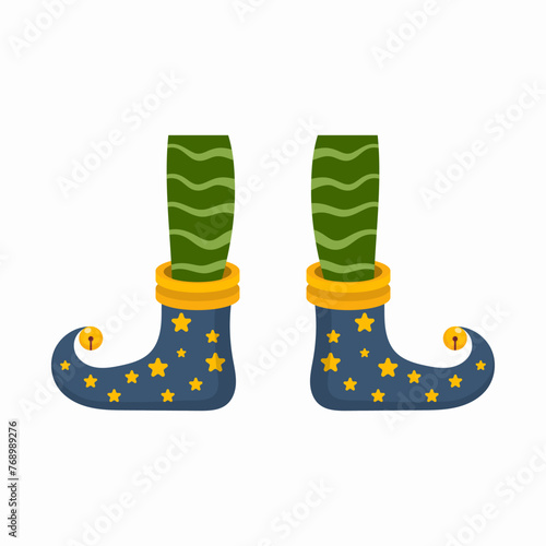 Collection of cute elves legs, boots, socks. Santa helpers shoes and pants with gifts, presents. Christmas gnome bundle. Vector. Christmas elf feet and legs set, decoration for celebration.