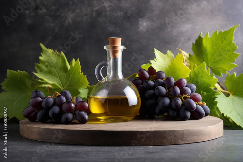Bright advertising image, banner template. Vintage glass bottle with grape seed oil on a wooden table. Leaves and bunches of grapes, gray background.