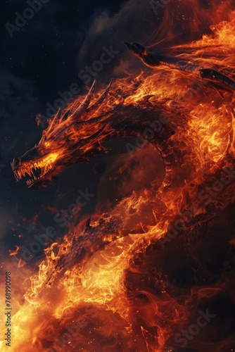 A crackling fire texture, representing the fiery breath of dragons and the burning passion of key characters, set against a night sky created with Generative AI Technology