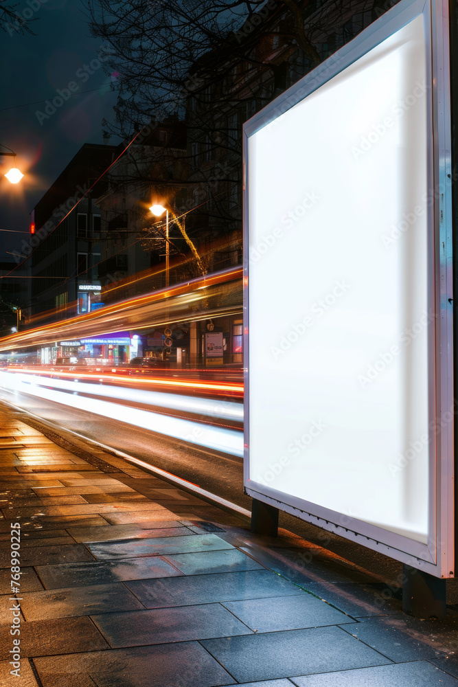 Long exposure, white vertical mock up banner on bus stop, motion blurred.

