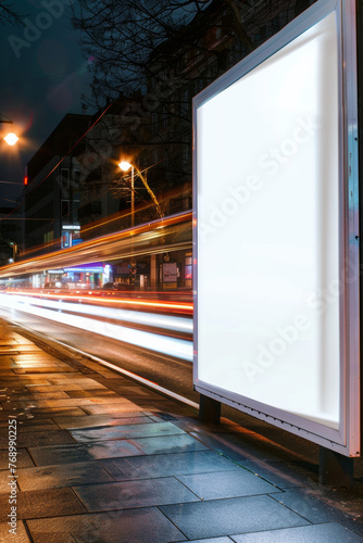 Long exposure, white vertical mock up banner on bus stop, motion blurred.


