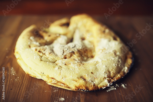 Lavash from whole grain durum flour. Handmade fresh pastries. Flour product. Bread, flour and ingredients.