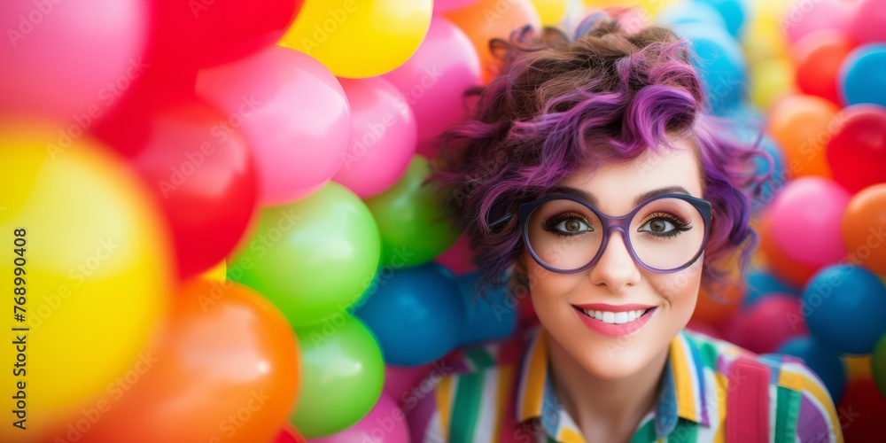 Portrait of beautiful woman with inflatable rainbow balloons. Generative AI. Portrait of beautiful woman with inflatable rainbow balloons. Generative AI.