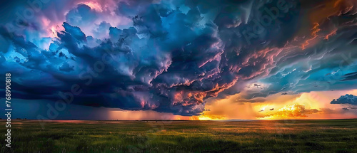 A dramatic thunderstorm rolling in over the plains, with the colors of the sky forming a splendid gradient of dark blues and grays, captured in high-definition to showcase its mesmerizing vibrancy. photo