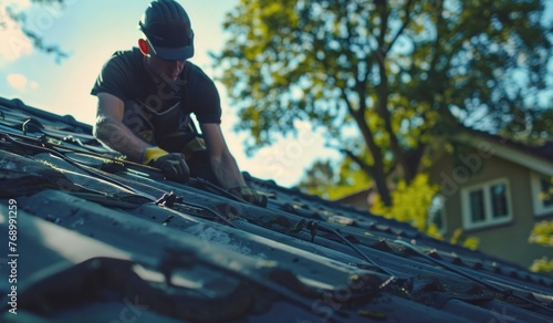 Roofer at Work on House