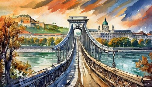 city chain bridge,A city's chain bridge, often an iconic landmark, combines the elegance of design with the functionality of transportation.  photo
