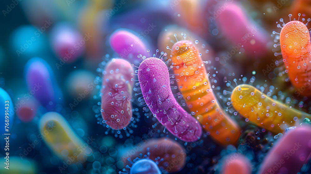 Fototapeta premium Digital artwork depicting vibrant, diverse microbial organisms in a surreal, aquatic-like environment