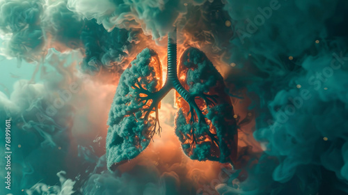 human lungs are made up of smoke, the harm of smoking from cigarettes, the orange glow of the disease photo