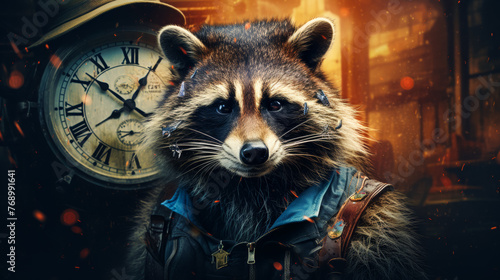 Picture a stylish raccoon in a leather moto jacket, accessorized with a vintage pocket watch and a fedora. Amidst a backdrop of urban graffiti, it exudes streetwise cool. The atmosphere: edgy and urba